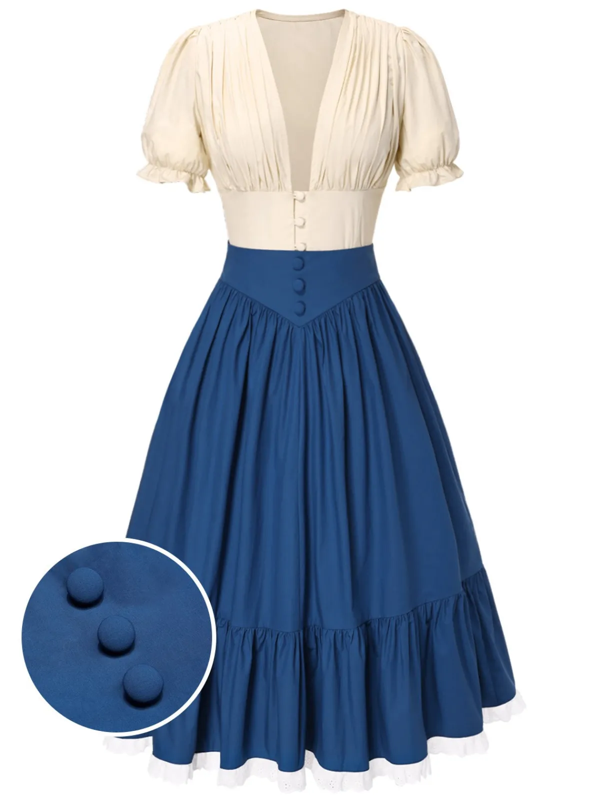 Discount Retro Stage 2PCS 1940s Cotton Cream V-Neck Top & Blue Pleated Skirt Cream White & Dark Blue