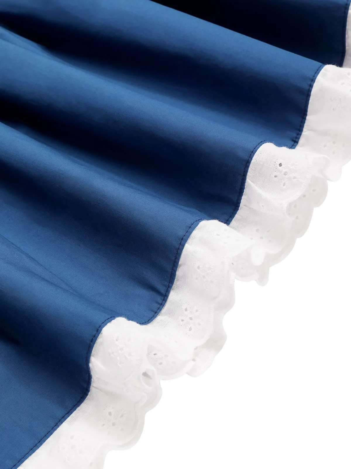 Discount Retro Stage 2PCS 1940s Cotton Cream V-Neck Top & Blue Pleated Skirt Cream White & Dark Blue