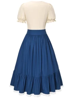 Discount Retro Stage 2PCS 1940s Cotton Cream V-Neck Top & Blue Pleated Skirt Cream White & Dark Blue