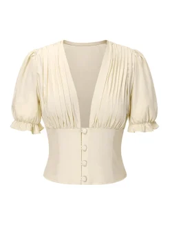 Discount Retro Stage 2PCS 1940s Cotton Cream V-Neck Top & Blue Pleated Skirt Cream White & Dark Blue