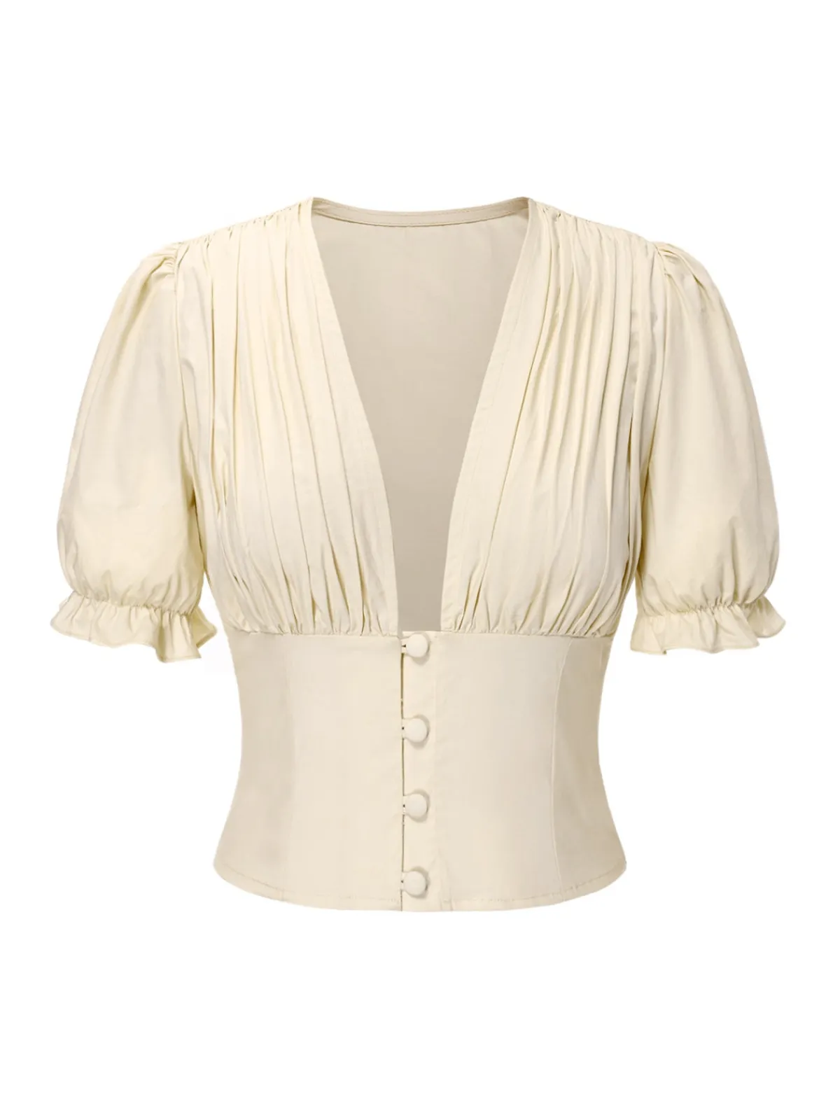 Discount Retro Stage 2PCS 1940s Cotton Cream V-Neck Top & Blue Pleated Skirt Cream White & Dark Blue