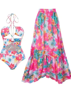 Sale Retro Stage 2PCS 1940s Cutout Halter Oil Painting Swimsuit & Cover-Up
