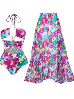 Sale Retro Stage 2PCS 1940s Cutout Halter Oil Painting Swimsuit & Cover-Up