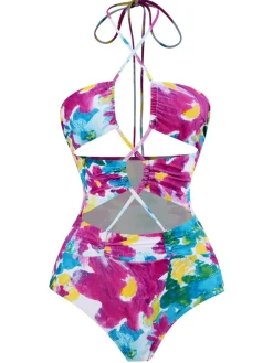 Sale Retro Stage 2PCS 1940s Cutout Halter Oil Painting Swimsuit & Cover-Up