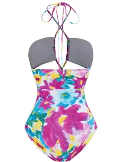 Sale Retro Stage 2PCS 1940s Cutout Halter Oil Painting Swimsuit & Cover-Up