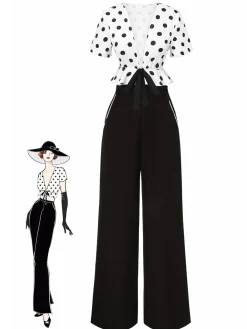 Clearance Retro Stage 2PCS 1950s Deep V-Neck Polka Dots Top & Straight-Leg Pants White & Black