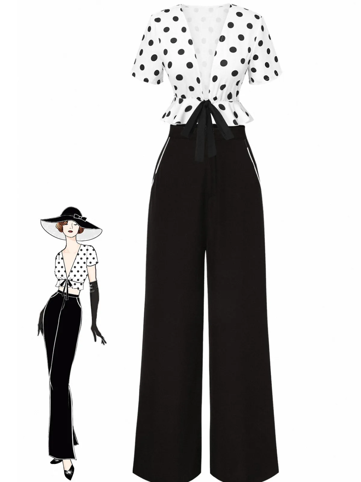 Clearance Retro Stage 2PCS 1950s Deep V-Neck Polka Dots Top & Straight-Leg Pants White & Black