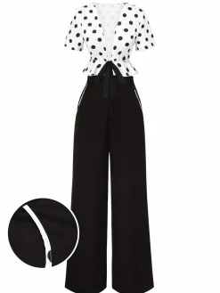 Clearance Retro Stage 2PCS 1950s Deep V-Neck Polka Dots Top & Straight-Leg Pants White & Black
