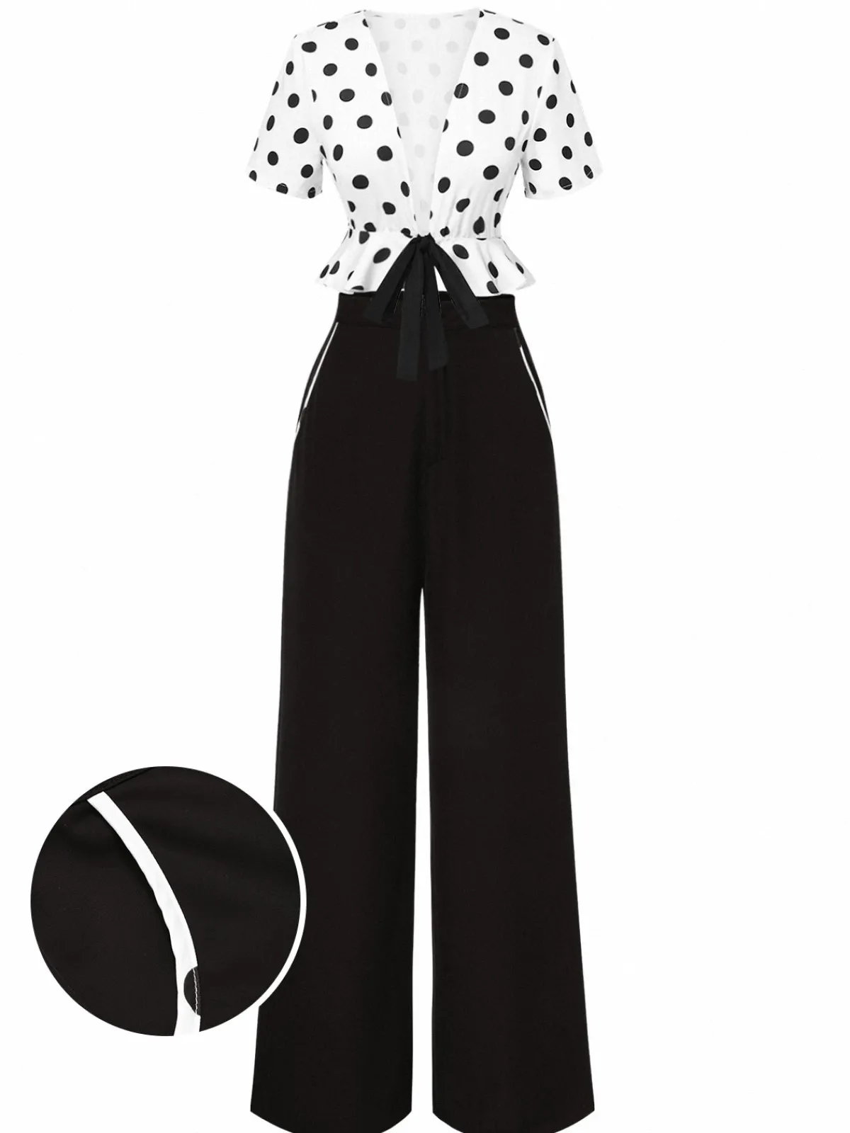 Clearance Retro Stage 2PCS 1950s Deep V-Neck Polka Dots Top & Straight-Leg Pants White & Black