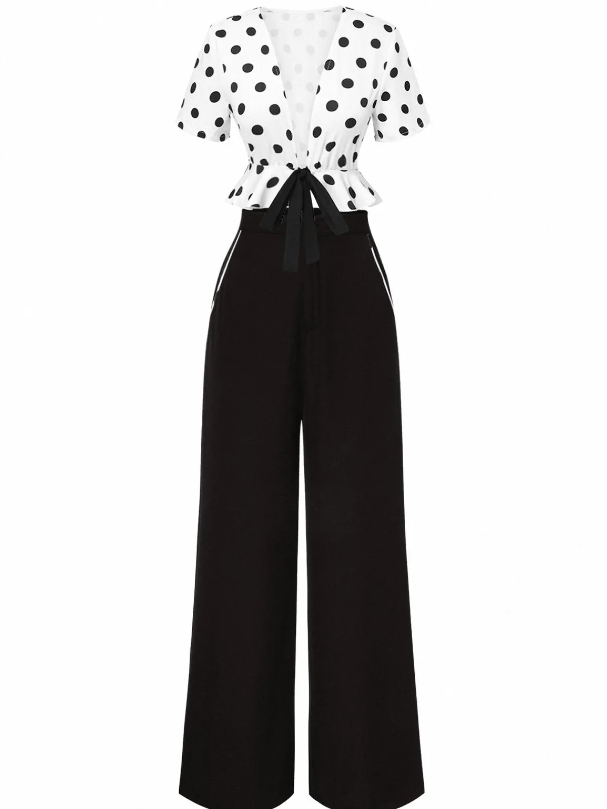 Clearance Retro Stage 2PCS 1950s Deep V-Neck Polka Dots Top & Straight-Leg Pants White & Black
