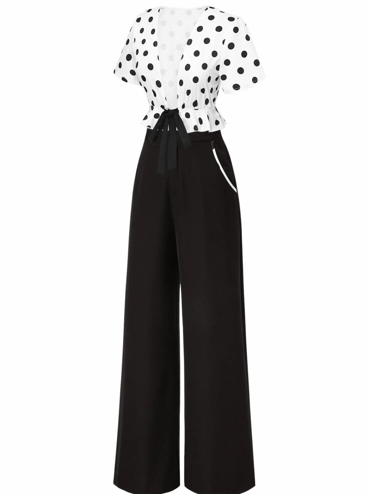 Clearance Retro Stage 2PCS 1950s Deep V-Neck Polka Dots Top & Straight-Leg Pants White & Black