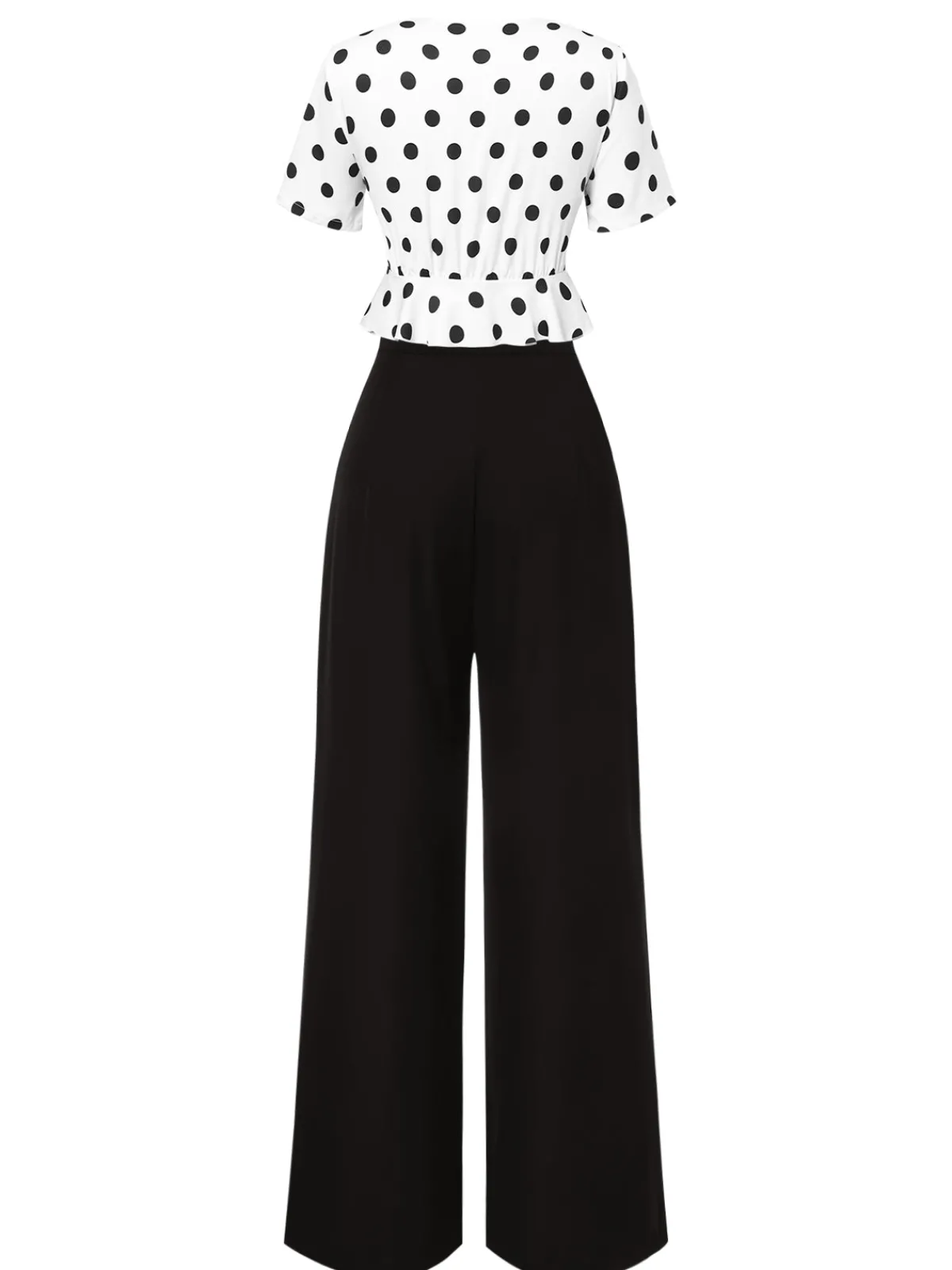 Clearance Retro Stage 2PCS 1950s Deep V-Neck Polka Dots Top & Straight-Leg Pants White & Black