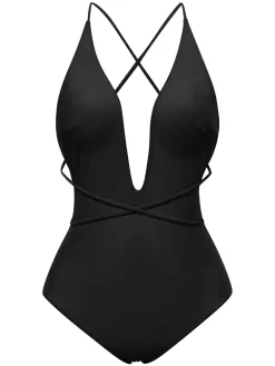 Online Retro Stage 2PCS 1940s Deep-V One-Piece Swimsuit & Lace Cover-Up