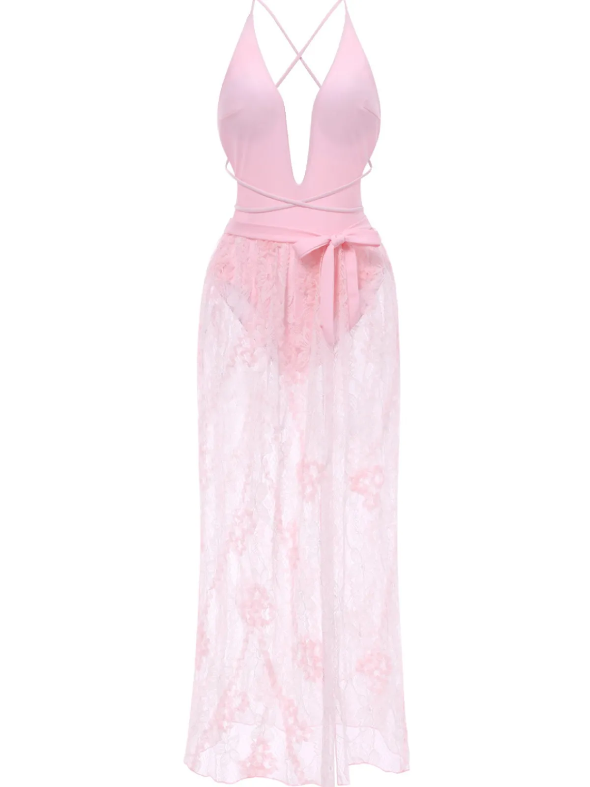 Online Retro Stage 2PCS 1940s Deep-V One-Piece Swimsuit & Lace Cover-Up