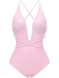 Online Retro Stage 2PCS 1940s Deep-V One-Piece Swimsuit & Lace Cover-Up