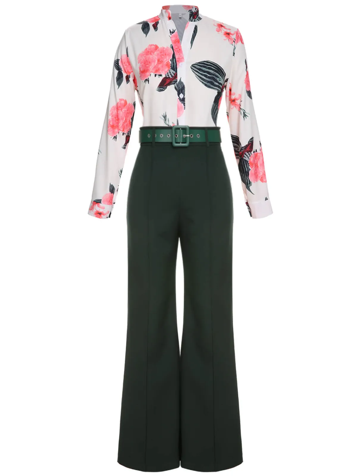 Best Retro Stage 2PCS 1930s Floral Blouse & Green Wideleg Pants White & Green