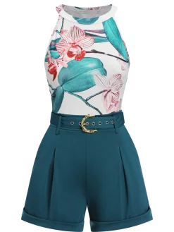 Discount Retro Stage 2PCS 1970s Floral Crewl Halter Top & Shorts With Belt