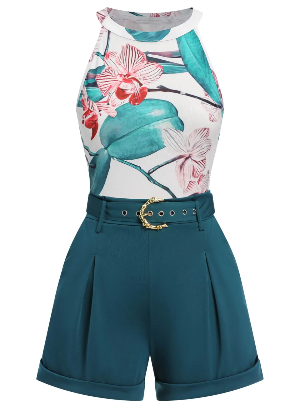 Discount Retro Stage 2PCS 1970s Floral Crewl Halter Top & Shorts With Belt