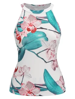 Discount Retro Stage 2PCS 1970s Floral Crewl Halter Top & Shorts With Belt