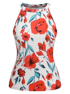 Discount Retro Stage 2PCS 1970s Floral Crewl Halter Top & Shorts With Belt