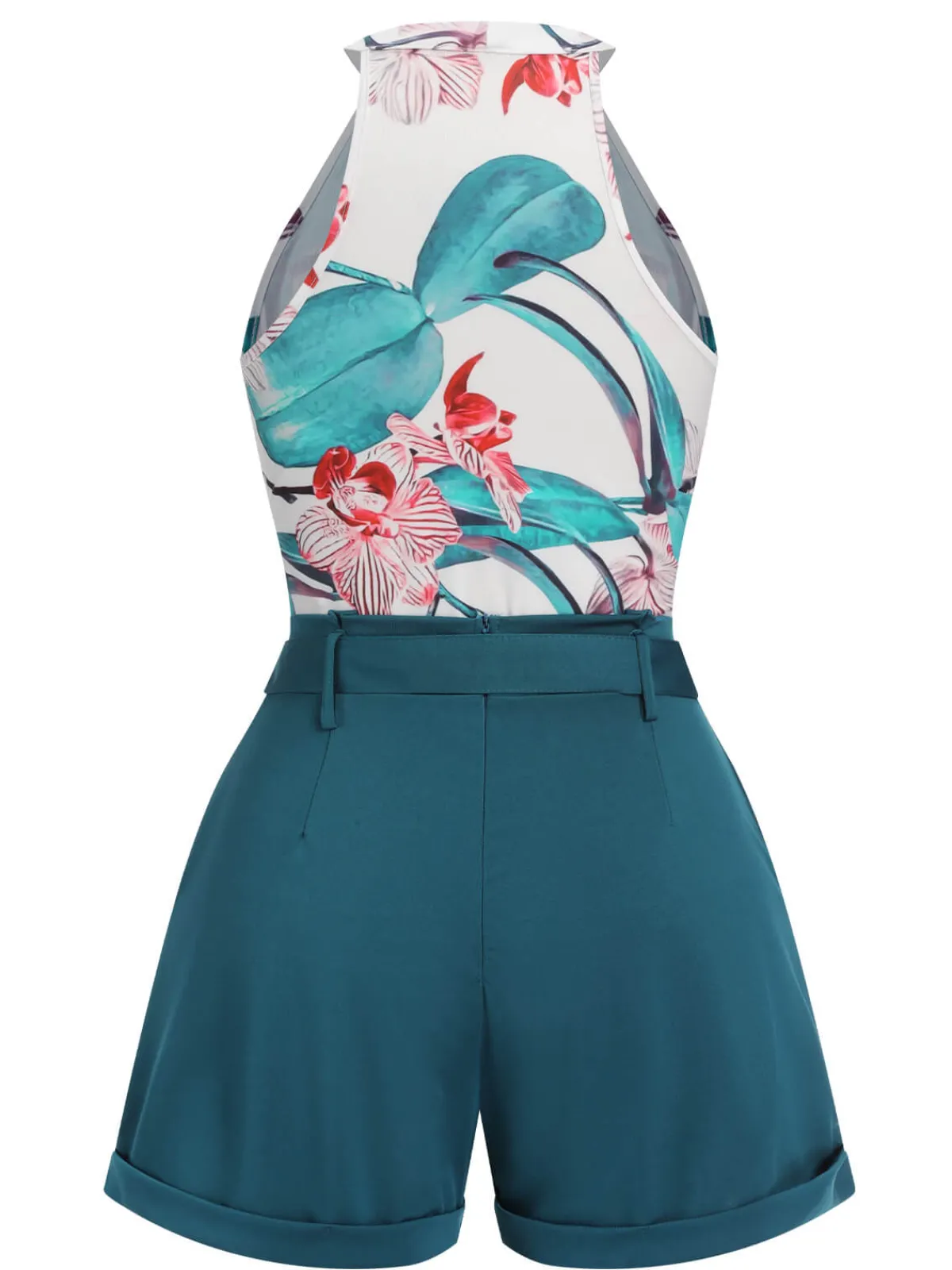 Discount Retro Stage 2PCS 1970s Floral Crewl Halter Top & Shorts With Belt