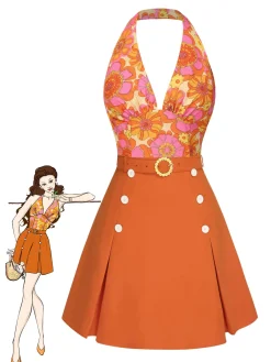 Outlet Retro Stage 2PCS 1960s Floral Halter Top & Solid Skirt Orange