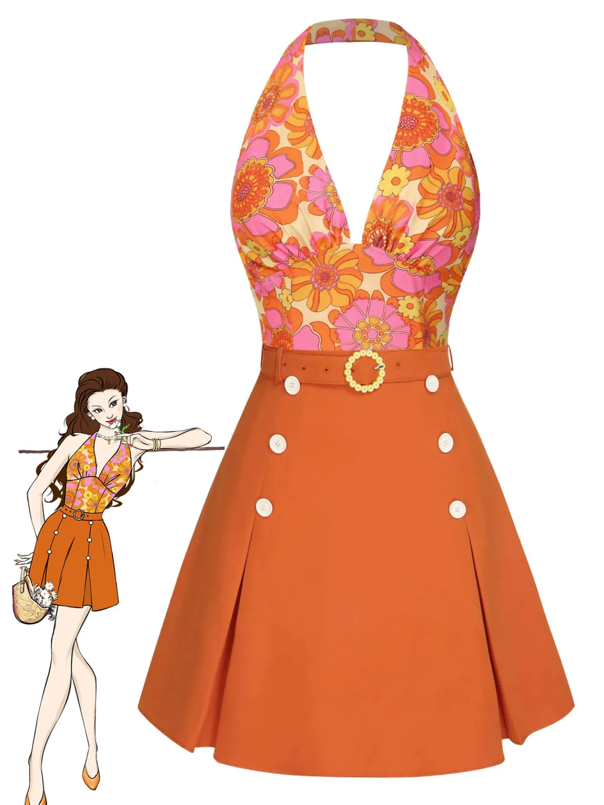 Outlet Retro Stage 2PCS 1960s Floral Halter Top & Solid Skirt Orange