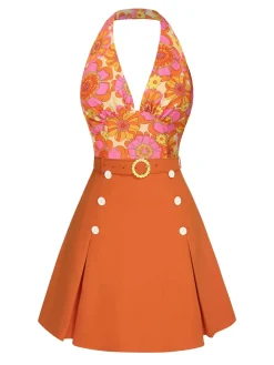 Outlet Retro Stage 2PCS 1960s Floral Halter Top & Solid Skirt Orange
