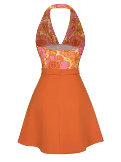 Outlet Retro Stage 2PCS 1960s Floral Halter Top & Solid Skirt Orange