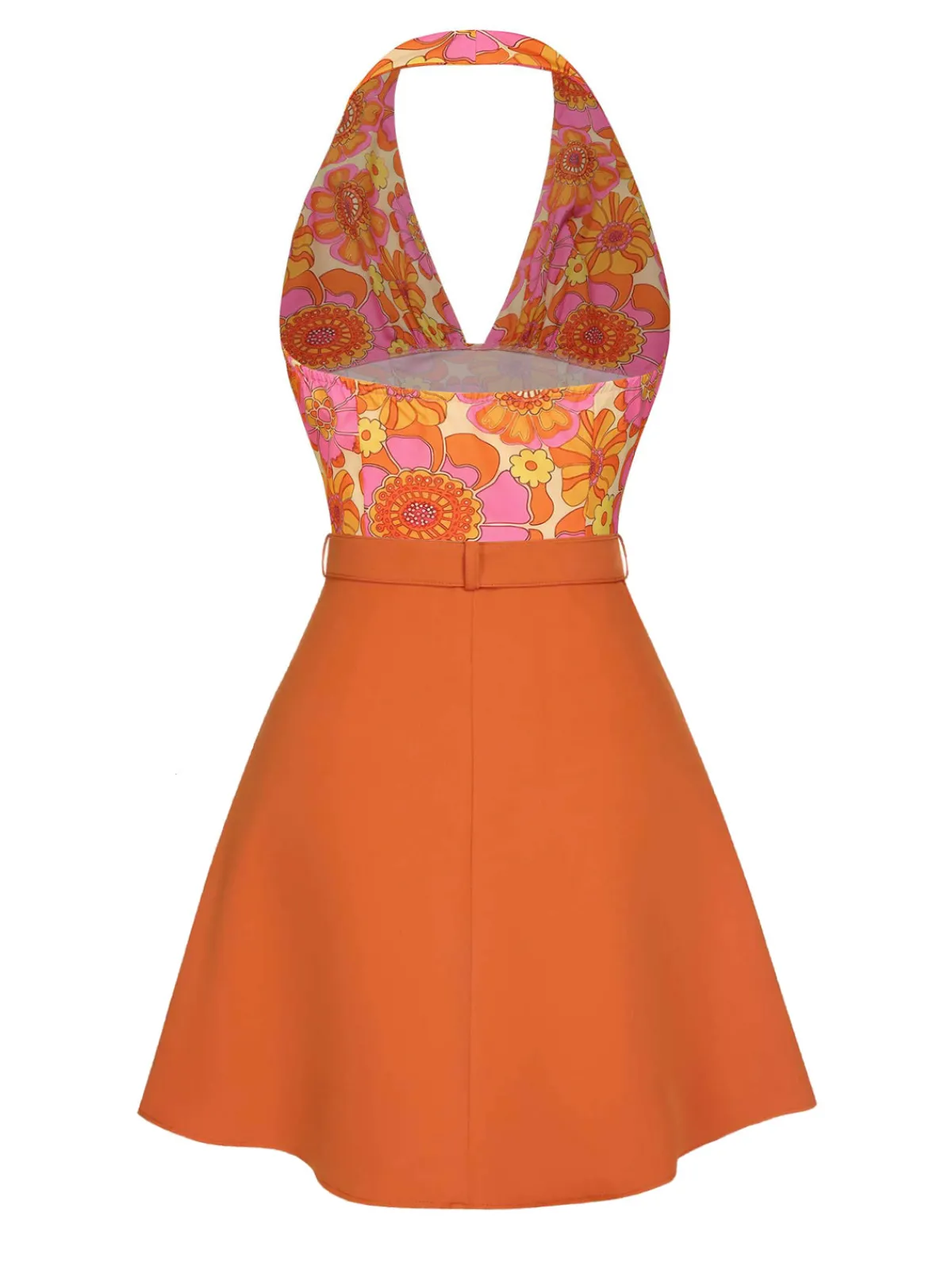 Outlet Retro Stage 2PCS 1960s Floral Halter Top & Solid Skirt Orange