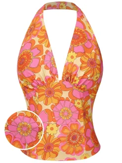 Outlet Retro Stage 2PCS 1960s Floral Halter Top & Solid Skirt Orange