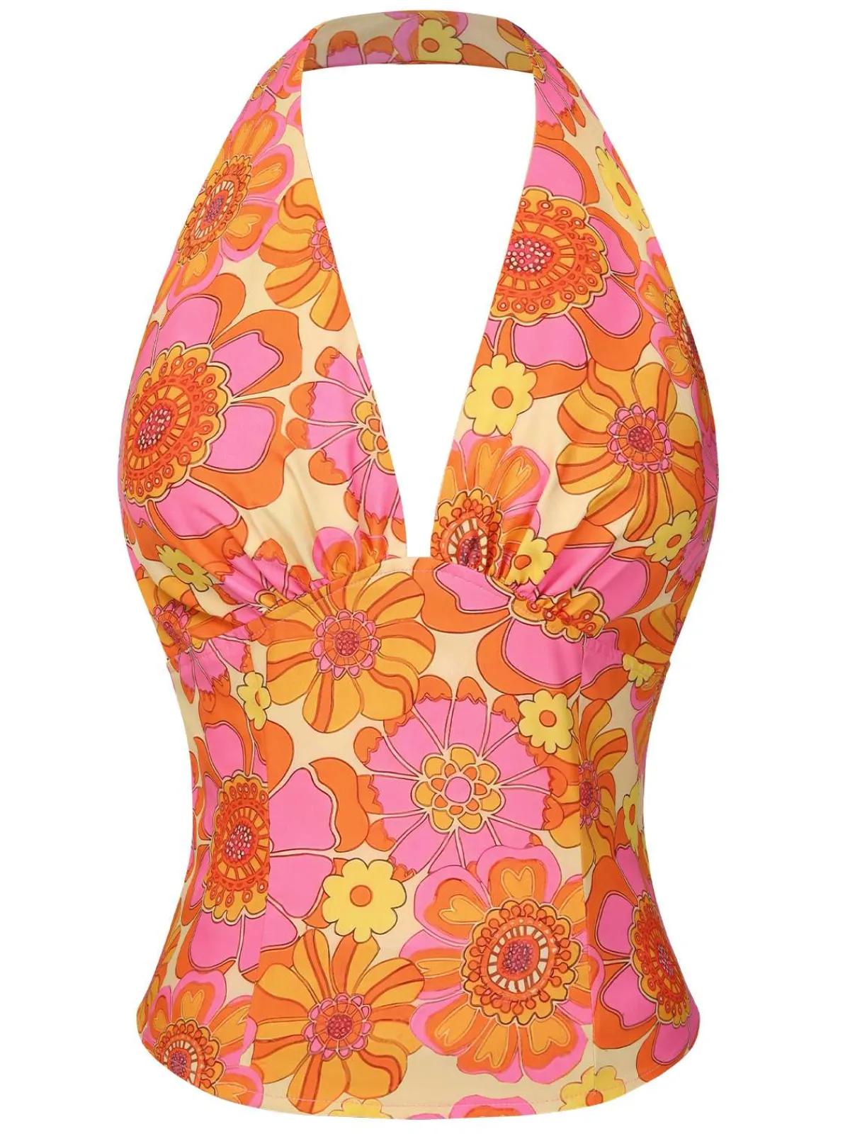 Outlet Retro Stage 2PCS 1960s Floral Halter Top & Solid Skirt Orange
