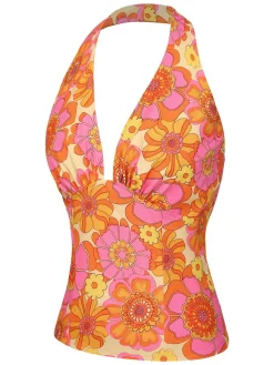 Outlet Retro Stage 2PCS 1960s Floral Halter Top & Solid Skirt Orange