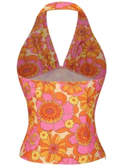 Outlet Retro Stage 2PCS 1960s Floral Halter Top & Solid Skirt Orange