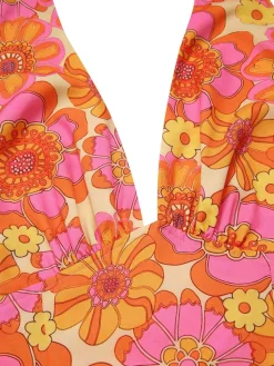 Outlet Retro Stage 2PCS 1960s Floral Halter Top & Solid Skirt Orange
