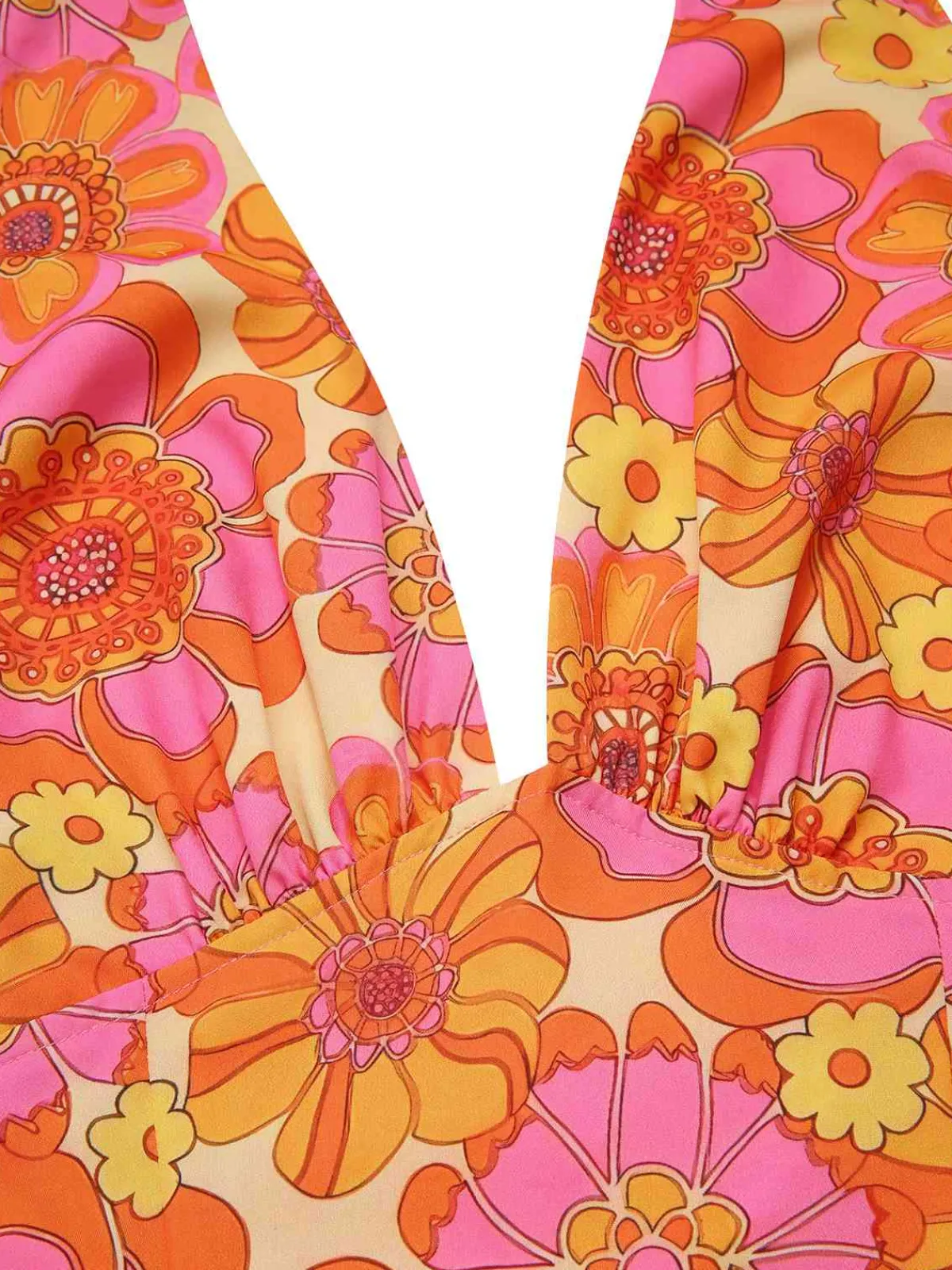 Outlet Retro Stage 2PCS 1960s Floral Halter Top & Solid Skirt Orange