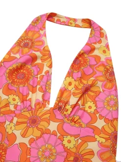 Outlet Retro Stage 2PCS 1960s Floral Halter Top & Solid Skirt Orange