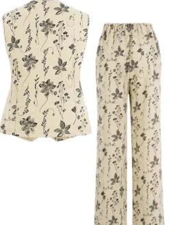 Fashion Retro Stage 2PCS 1940s Floral Hem V-Neck Vest & Pants