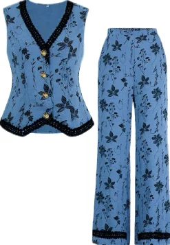 Fashion Retro Stage 2PCS 1940s Floral Hem V-Neck Vest & Pants