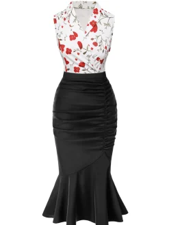 Fashion Retro Stage 2PCS 1930s Floral Lapel Top & Pleated Fishtail Skirt White & Black