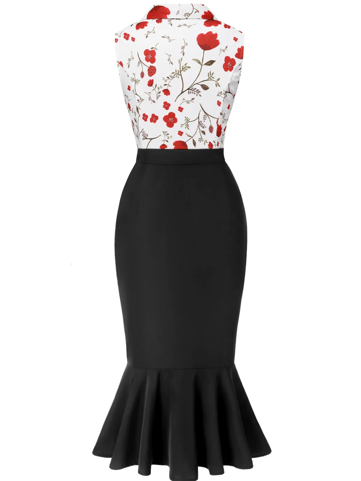 Fashion Retro Stage 2PCS 1930s Floral Lapel Top & Pleated Fishtail Skirt White & Black