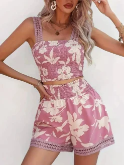 Discount Retro Stage 2PCS 1960s Floral Smocked Wide Straps Camisole & Shorts