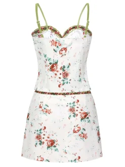 Fashion Retro Stage 2PCS 1960s Floral Strap Slit Vest & Lace Skirt White
