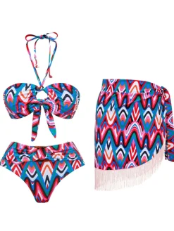 Outlet Retro Stage 3PCS 1970s Fringe Print Lace-up Halter Bikini Set & Cover Up