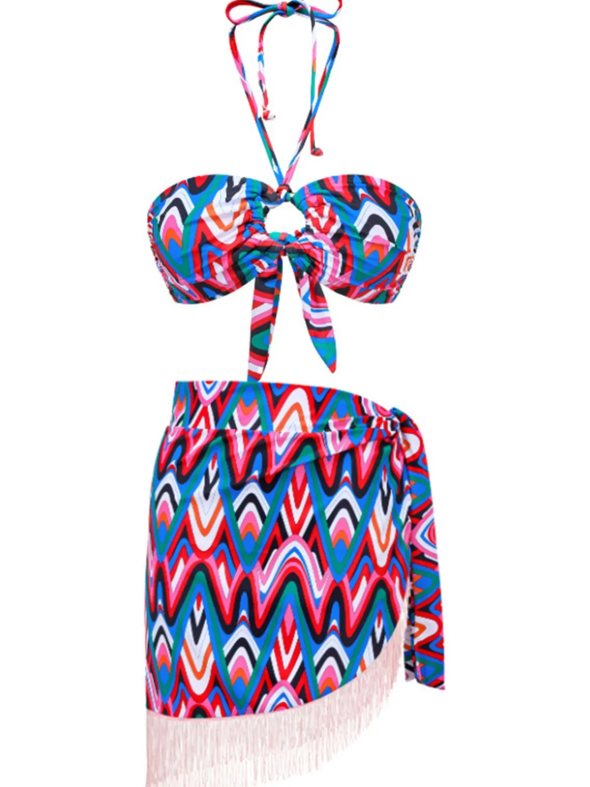 Outlet Retro Stage 3PCS 1970s Fringe Print Lace-up Halter Bikini Set & Cover Up