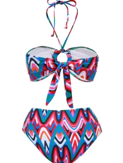 Outlet Retro Stage 3PCS 1970s Fringe Print Lace-up Halter Bikini Set & Cover Up