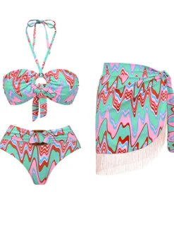 Outlet Retro Stage 3PCS 1970s Fringe Print Lace-up Halter Bikini Set & Cover Up