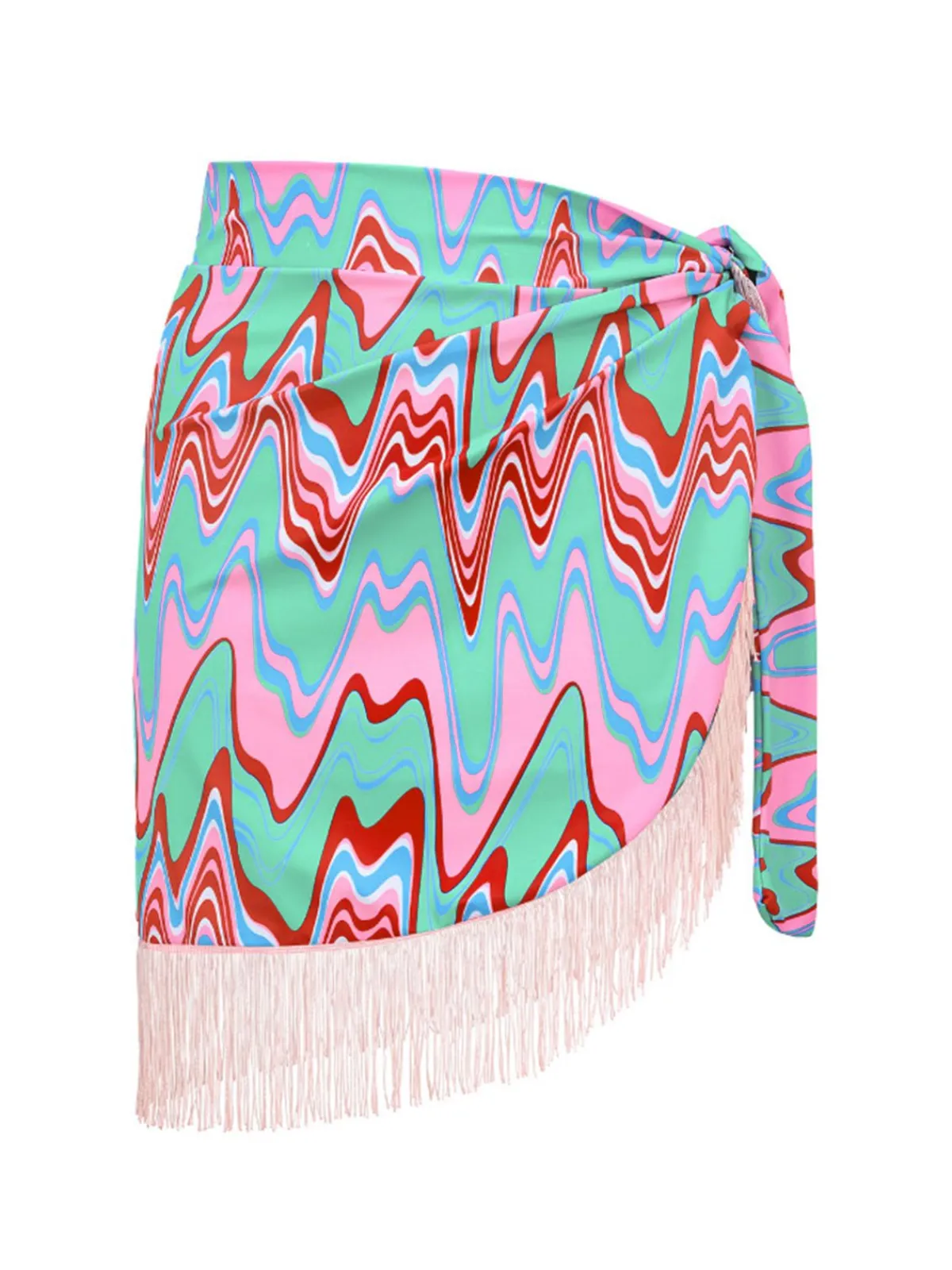 Outlet Retro Stage 3PCS 1970s Fringe Print Lace-up Halter Bikini Set & Cover Up