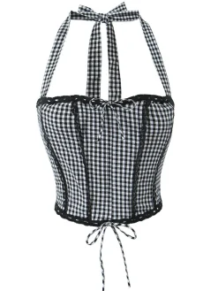 Outlet Retro Stage 2PCS 1950s Gingham Plaid Lace-Up Crop Camisole & Skirt