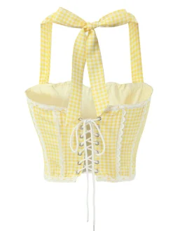 Outlet Retro Stage 2PCS 1950s Gingham Plaid Lace-Up Crop Camisole & Skirt